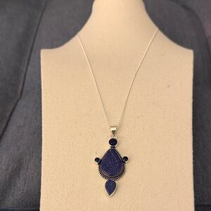 925 Sterling Silver Long Necklace with Lapis Lazuli Teardrop Pendant.